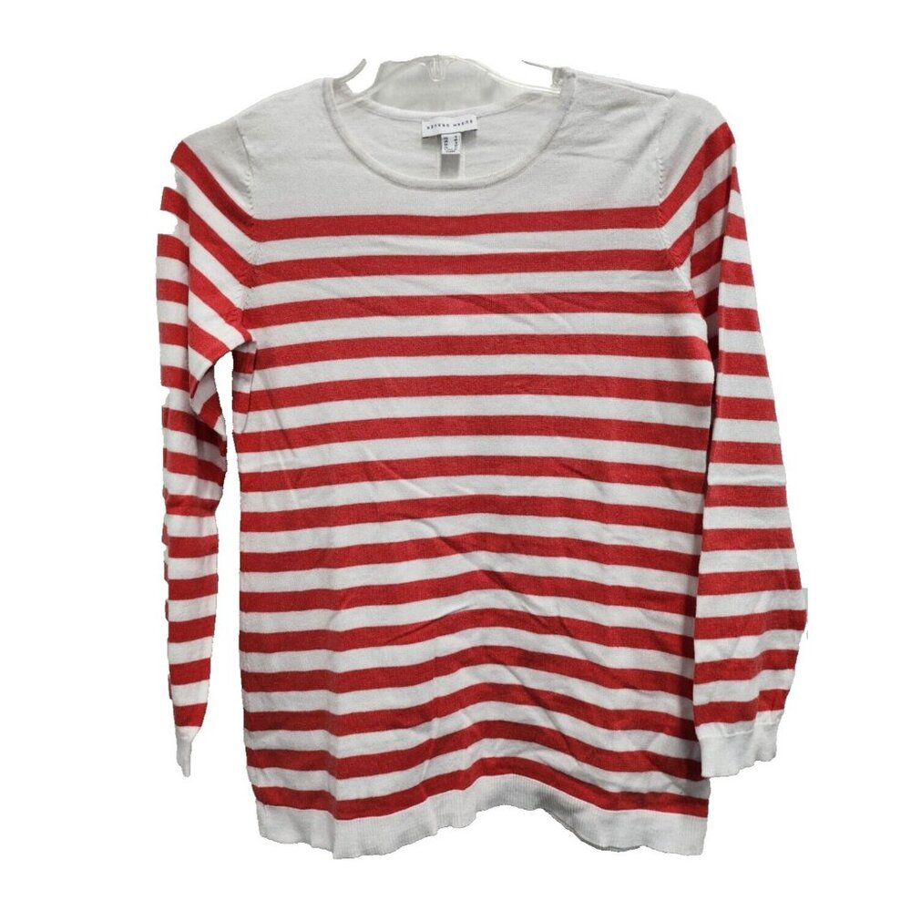 Susan Graver Sweater Womens Small White Red Striped 3/4 Sleeve Casual Preppy